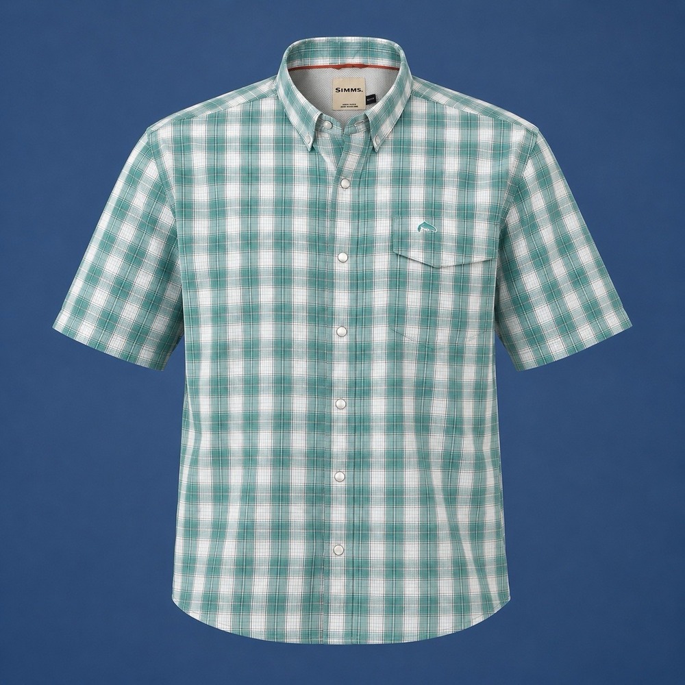 Simms Pearl Snap Fishing Shirt Men's XXL Teal Short Sleeve Vented Outdoors